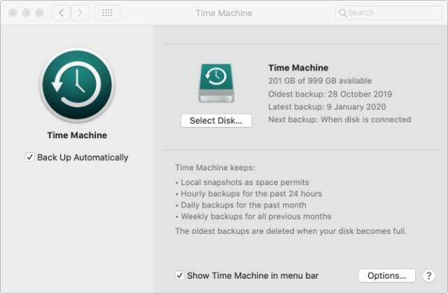 Finestra delle preferenze di sistema di Time Machine