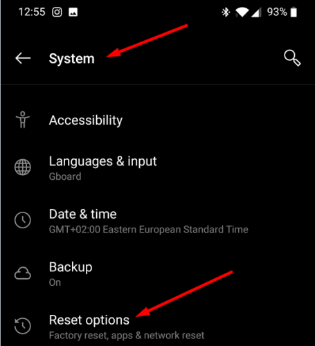 Oneplus-Reset-Optionen