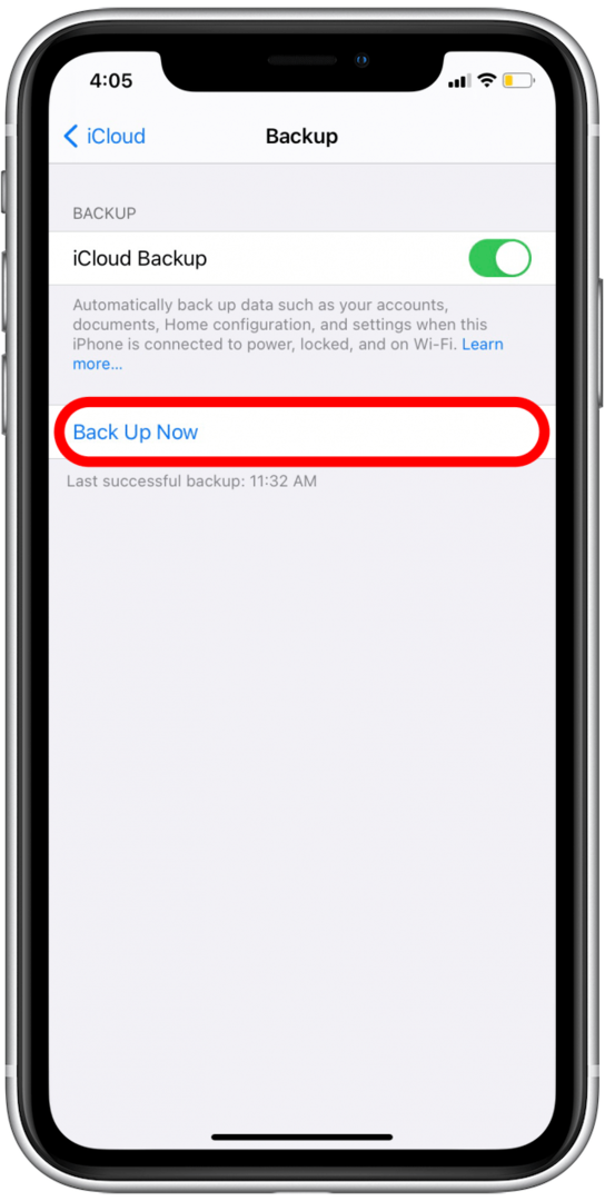 Πατήστε Back Up Now για να ξεκινήσετε αμέσως ένα αντίγραφο ασφαλείας iCloud