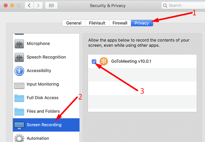 paramètres de confidentialité de l'enregistrement d'écran macOS