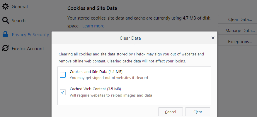 ștergeți cookie-urile cache Mozilla