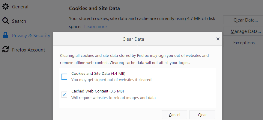 εκκαθάριση των cookies της κρυφής μνήμης mozilla