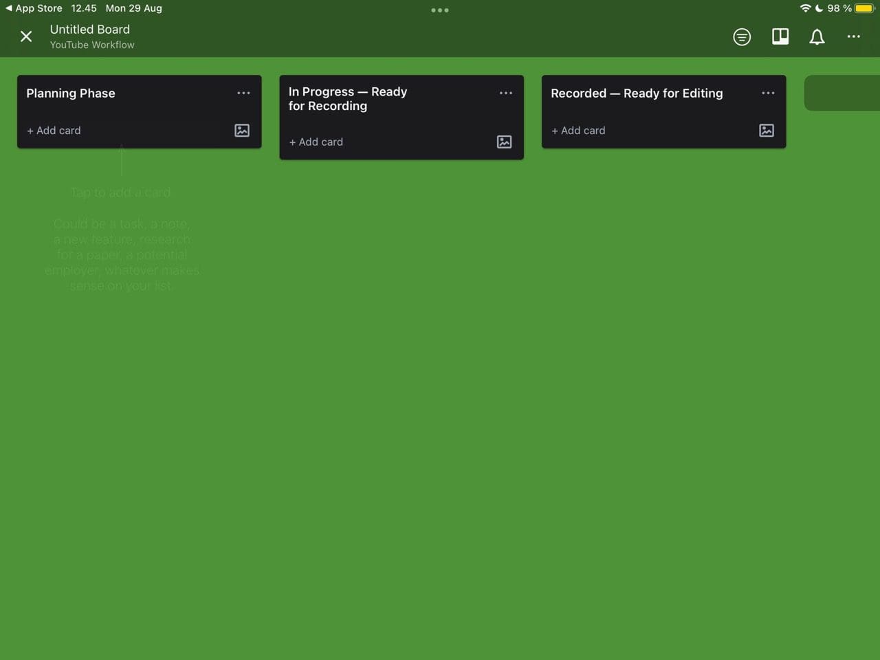 Snímka obrazovky aplikácie Trello
