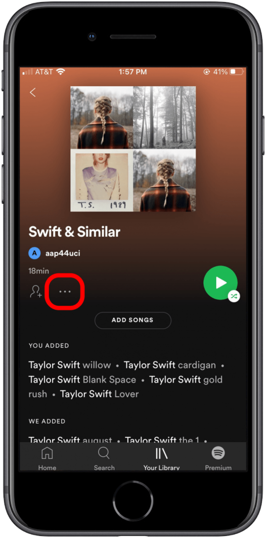 Klepnutím na tři tečky upravíte seznam skladeb Spotify na svém iPhonu