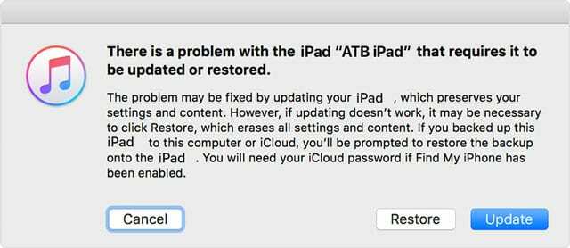 възстановяване или актуализиране на iPad със съобщение за грешка, има проблем с този iPad