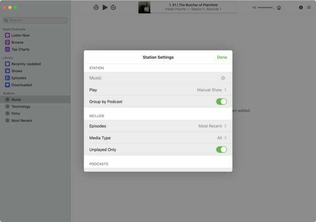 Stationsinställningar Podcasts Mac