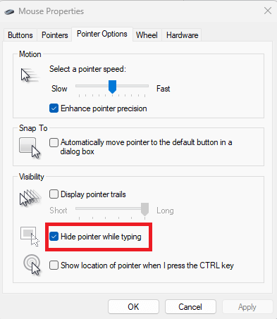 Właściwości myszy — Ukryj wskaźnik podczas pisania
