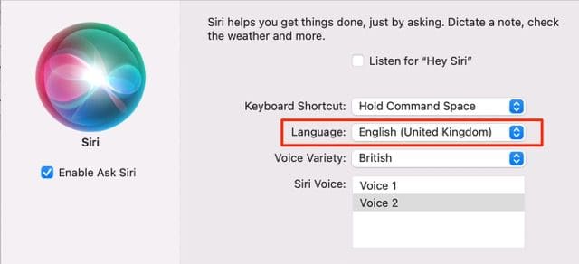 Ekrānuzņēmums, kurā redzama Siri valodas maiņas cilne operētājsistēmā Mac