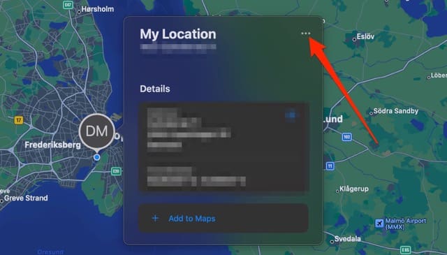 Zrzut ekranu przedstawiający ikonę trzech kropek w Mapach na Macu