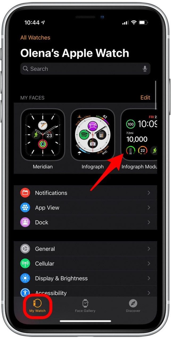 माई वॉच टैब के तहत, उस वॉच फेस पर टैप करें जिसमें आप जटिलता जोड़ना चाहते हैं।