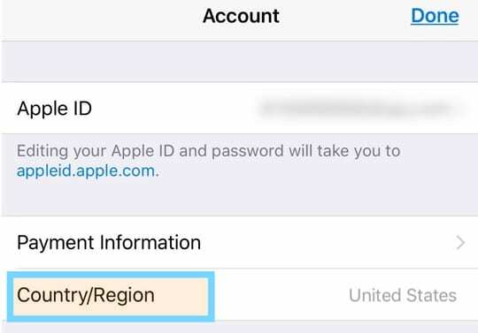 nastavitve države ali regije za Apple ID na iPhone