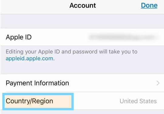 „Apple ID“ šalies arba regiono nustatymai „iPhone“.