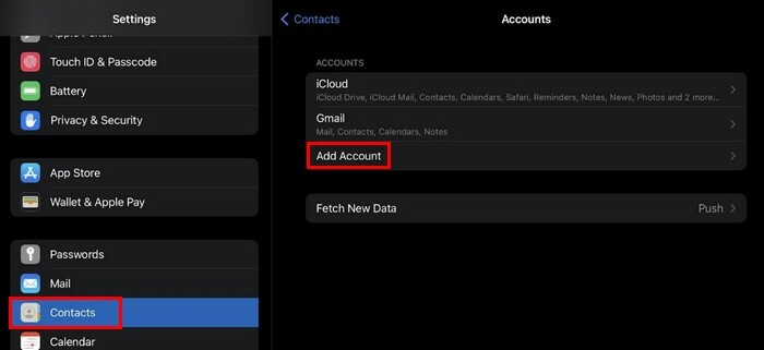 დაამატეთ ანგარიშის iPad Contacts