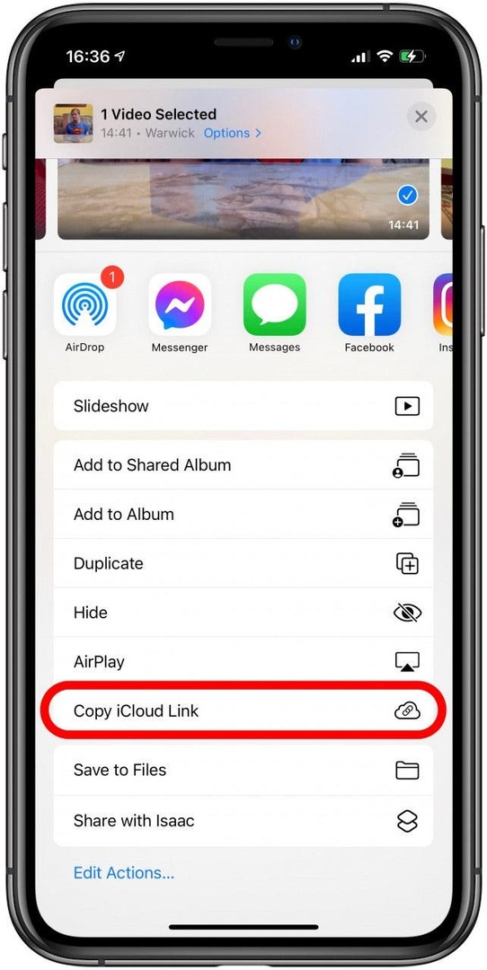 Dodirnite Kopiraj iCloud Link na listu za dijeljenje