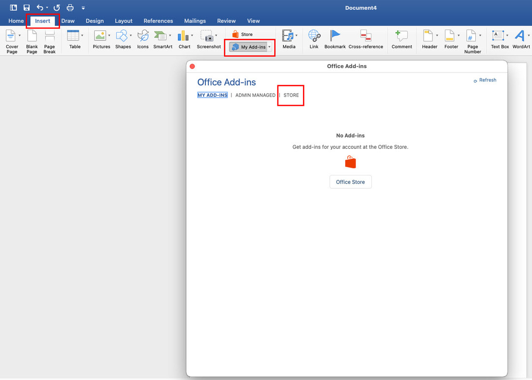 De add-in store openen in de Mac Word-app