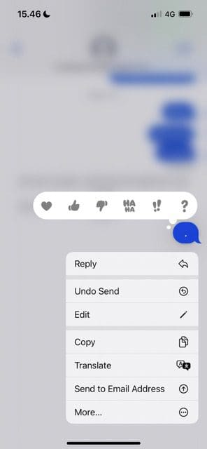 Captura de pantalla que muestra la opción de editar mensajes en iOS 16