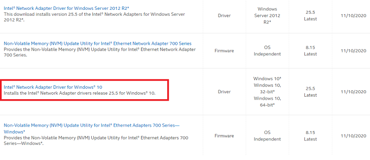 Selecteer Intel Network Adapter Driver voor Windows 10