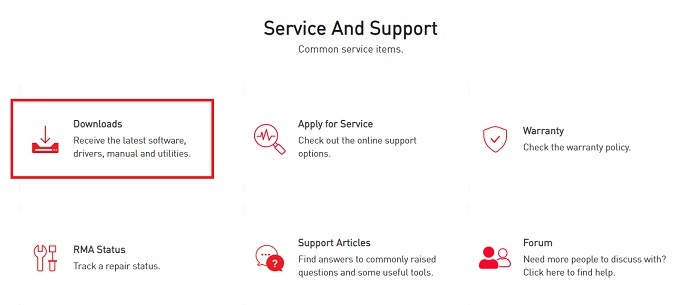 Прокрутите вниз до раздела «Сервис и поддержка» и нажмите «Загрузки».