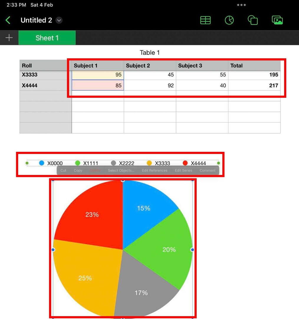 תרשים עוגה ב-iPad Numbers