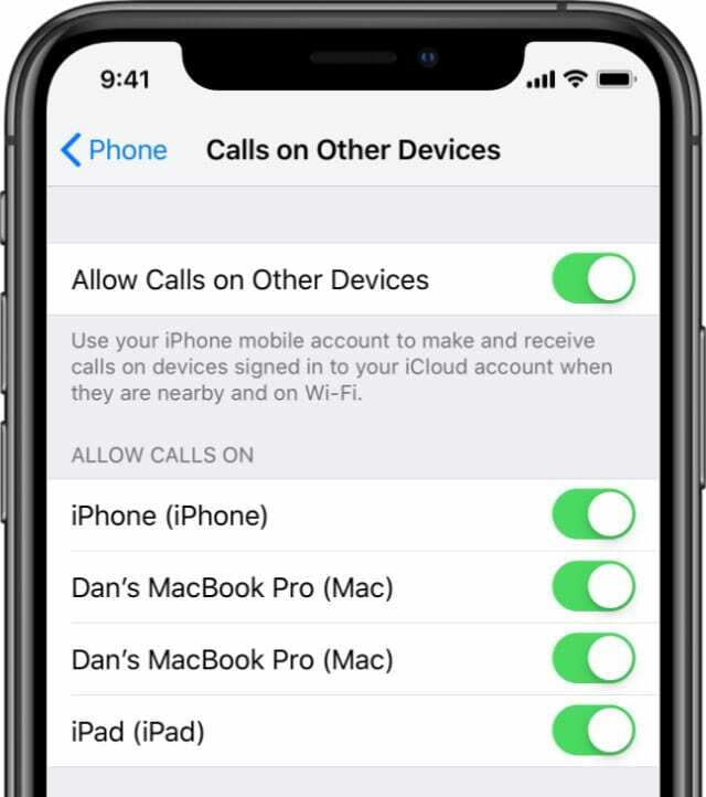 iPhone XS의 다른 기기에서 통화 허용 옵션