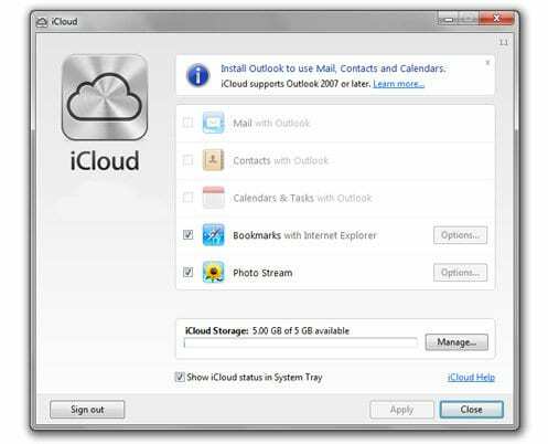 iCloud kontrollpanel for Windows