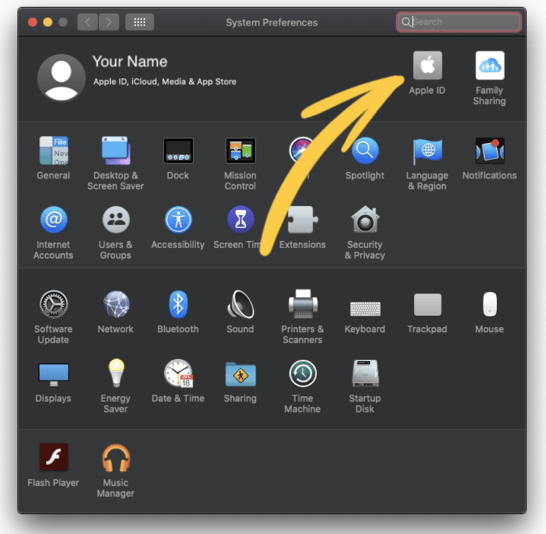 Apple meniu į System Preferences į Apple ID