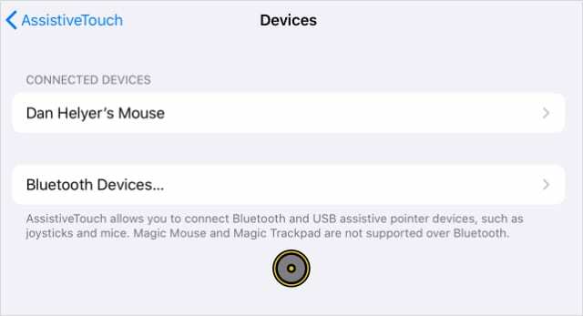 iPadOS AssistiveTouch Devices-side med Bluetooth-mus tilkoblet
