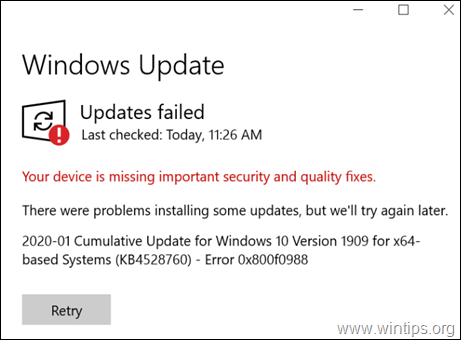 UPDATE: Kumulatives Update KB4528760 ist mit Fehler 0x800f0988 fehlgeschlagen.