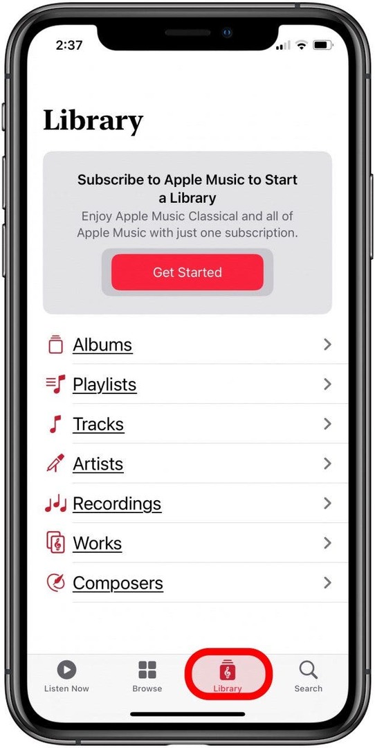 apple music klassisen sovelluskirjaston välilehti