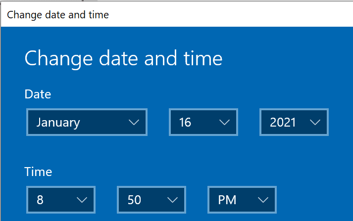 alterar janela de configurações de data e hora