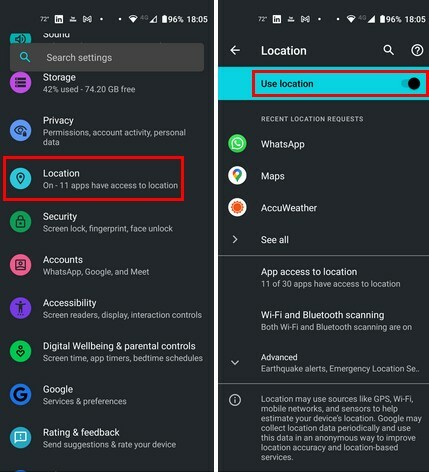 Placering i Android-indstillinger