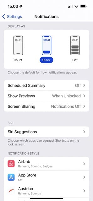 Impostazioni di notifica Schermata iOS