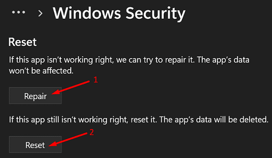 Windows-Sicherheit reparieren oder zurücksetzen