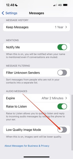 iMessage'da Düşük Kaliteli Görüntü Modunun nasıl açılacağını gösteren ekran görüntüsü