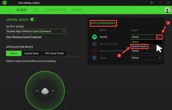 přejděte do sekce APPLICATION MIXER a zvolte Prostorový zvuk