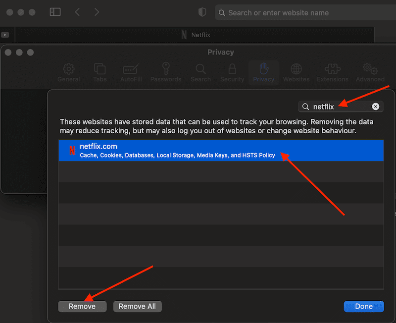 safari clear netflix-data