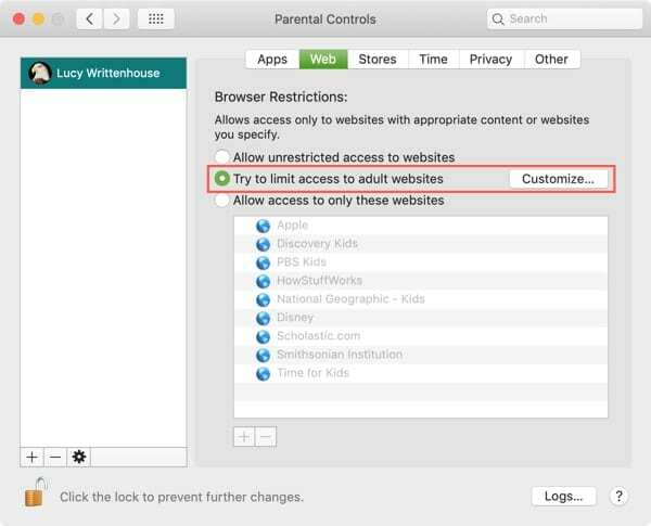 lapsilukko mac rajoittaa pääsyä sivustoille