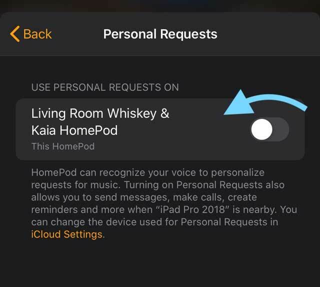 vypněte osobní požadavek na HomePod