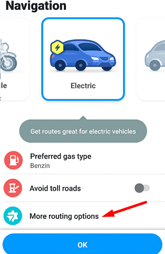 Waze maršruto parinktys