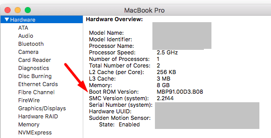 zkontrolujte verzi boot rom mac