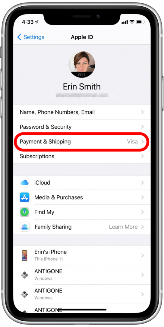 Appuyez sur Apple ID Paiement et expédition