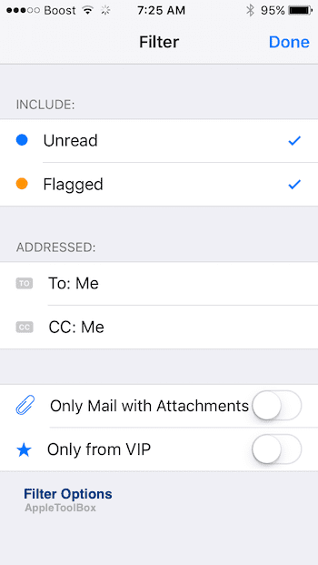Změna možností filtru pošty iOS 10