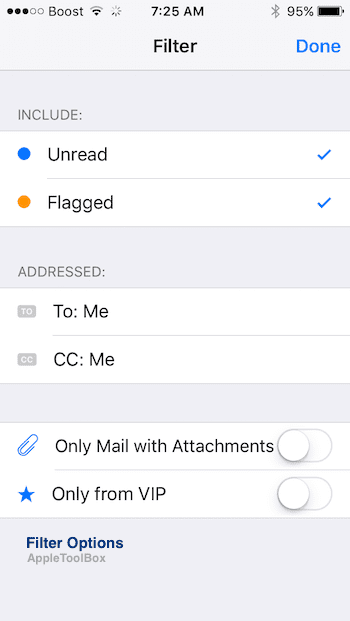 iOS 10 메일 필터 옵션 변경