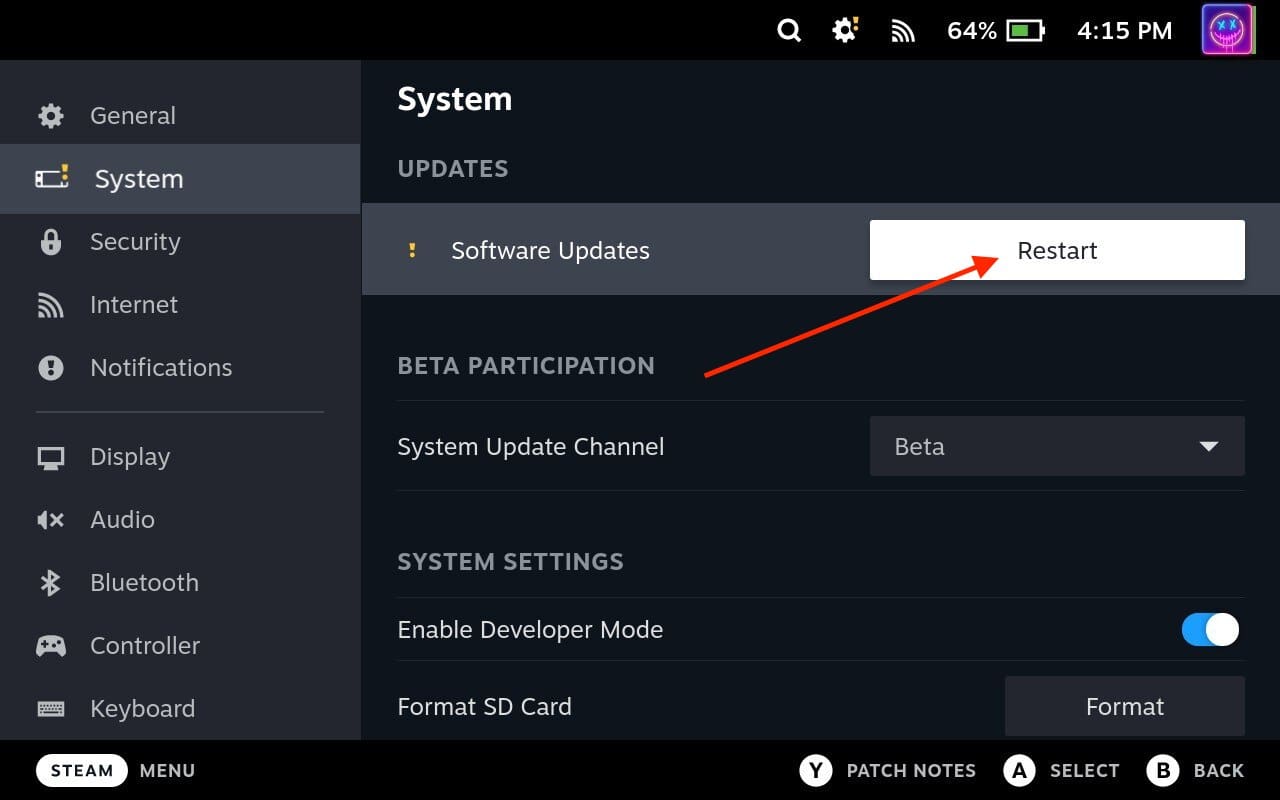 So aktualisieren Sie Steam Deck – Neustart