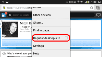 Android Chrome solicitar site do LinkedIn para desktop