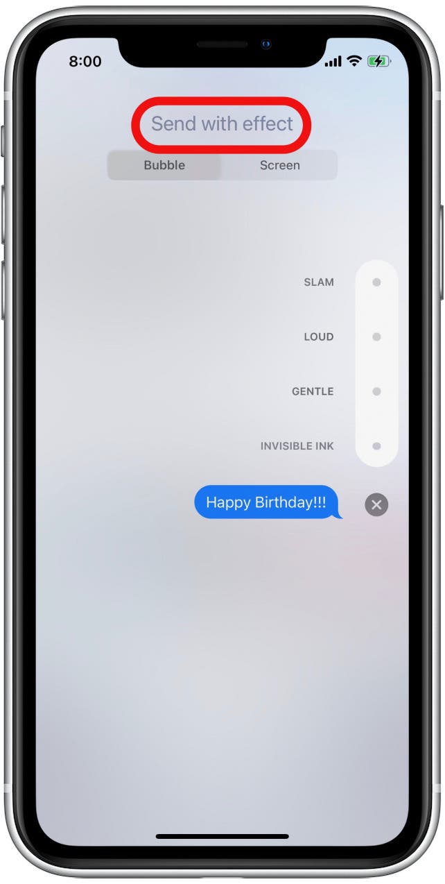 Kako poslati konfete na iPhone Korak 7 - Pošlji z zaslonom z učinki