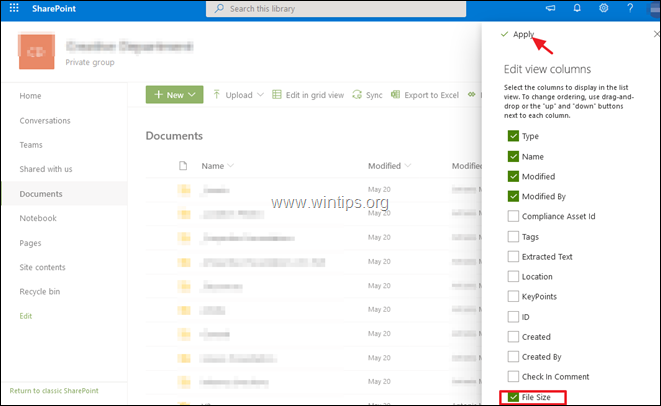 Taille du fichier SharePoint