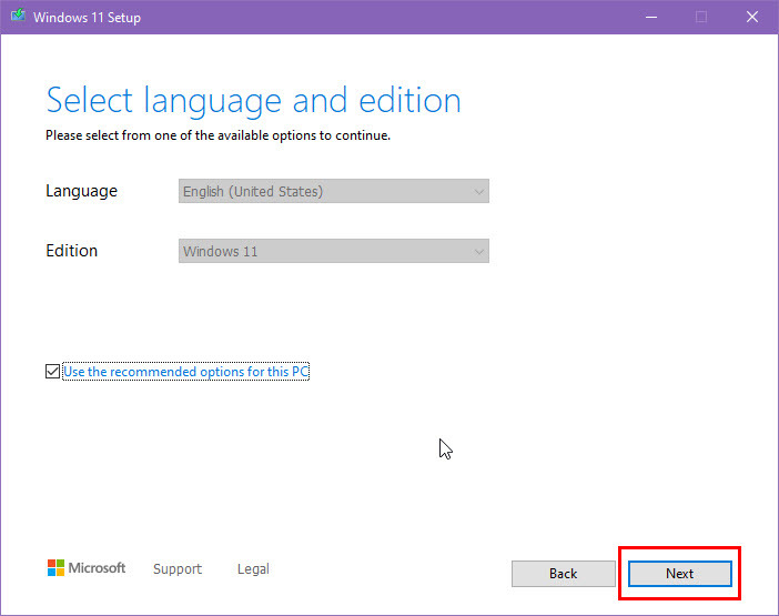 เลือกหน้าภาษาของ Windows Media Creation Tool