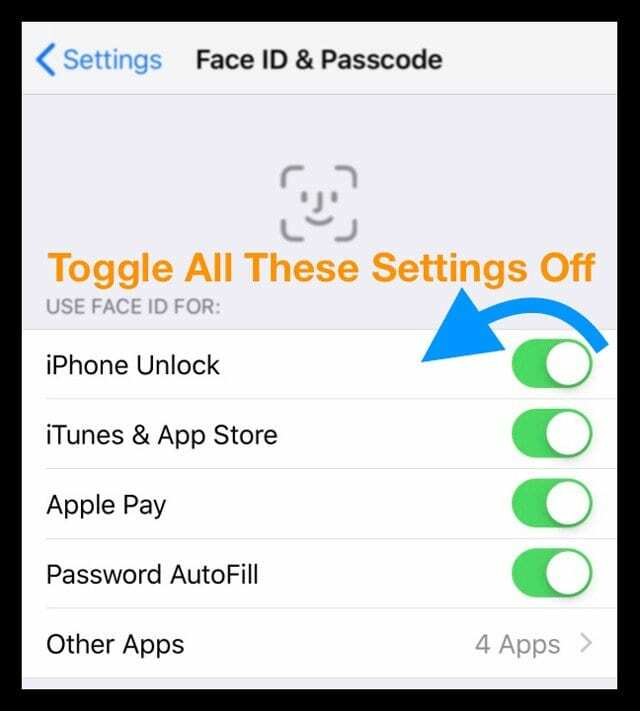 „iPhone“ išjunkite „Use Face ID For“.