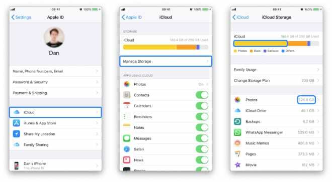 Drei Screenshots, die ein iPhone zeigen, das zum Bildschirm „iCloud Manage Storage“ navigiert